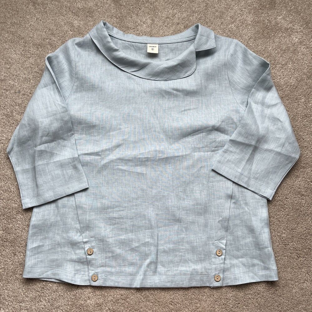 Lintico Top Small 100% Linen Blue Collar Lagenlook Boxy Coastal Sustainable